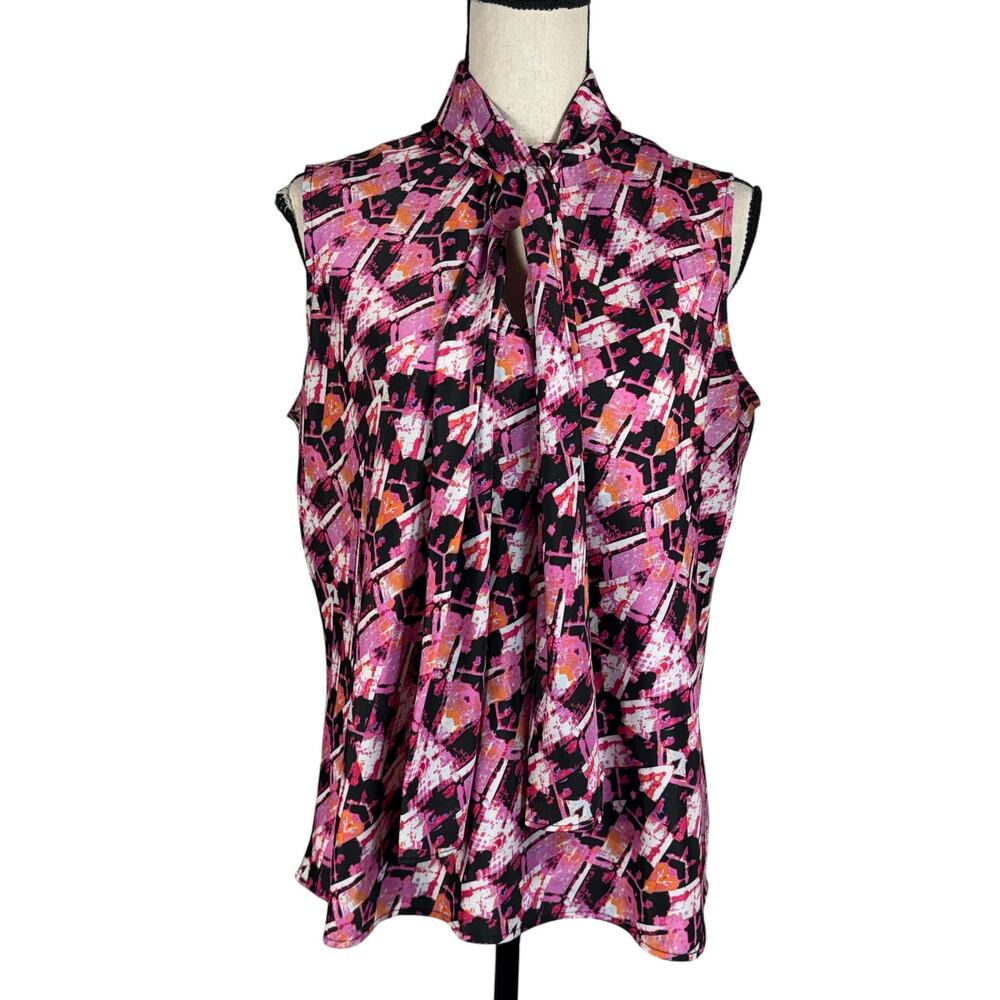 Evan Picone Black Label Large Top Abstract Sleeveless Tie V-Neck Lightweight